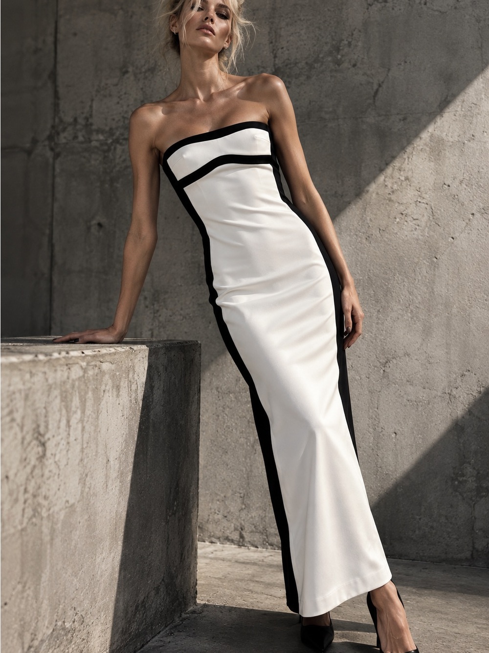 Blue Blush Black White Strapless Colorblock Column Maxi Dress M